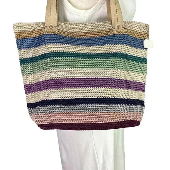 The Sak Mendocino Tote Large Multi Stripe Crochet Double Strap Zip Top Vegan NEW - Picture 7 of 14